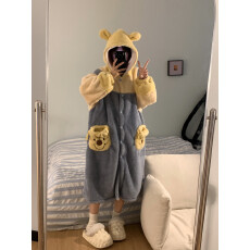 可爱毛绒小熊珊瑚绒睡袍睡衣女冬季新款加绒加厚睡裙家居服外穿