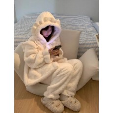 批发少女花边连帽珊瑚绒睡衣秋冬款女加绒加厚保暖大码家居服<b class='q'>套装</b>外穿