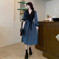 批发实拍实价 新款蝴蝶结系带<b class='q'>撞色</b>气质V领<b class='q'>连衣裙</b>长裙显瘦仙女裙