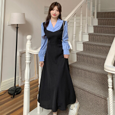 批发实拍【后包领做工】秋冬撞色拼接<b class='q'>假两件</b>收腰系带A字长袖<b class='q'>连衣裙</b>