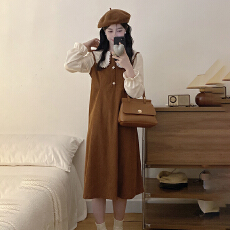 批发实拍灯芯绒大码法式娃娃领<b class='q'>连衣裙</b>女<b class='q'>假两件</b>胖mm收腰显瘦复古裙