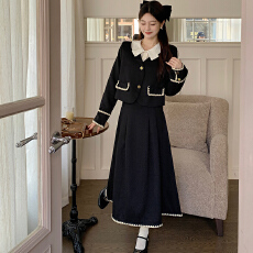 批发实拍｜两件套｜ 黑色法式复古大码女装胖mm假两件外套+<b class='q'>半身裙</b>套装