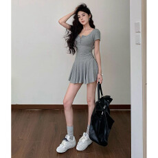 批发夏季学院风chic慵懒风<b class='q'>连衣裙</b>休闲百搭简约纯色裙子收腰显瘦短裙女