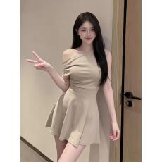 批发法式斜肩露肩<b class='q'>一字肩</b><b class='q'>连衣裙</b>子女夏季气质高级感小个子收腰显瘦短裙