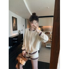 批发秋冬美式vintage复古圆领开衫百搭撞色短裤chic简约运动风<b class='q'>套装</b><b class='q'>女</b>
