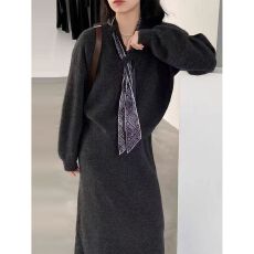 批发大码毛衣套装<b class='q'>连衣裙</b>女秋冬胖mmV领丝巾针织衫+半身裙子休闲两件套