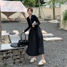 批发<b class='q'>大码</b>女装黑色连衣裙2026秋季新品设计感拼接高腰显瘦气质长裙子