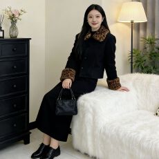 批发官图 赫本风高级感复古时尚豹纹毛领加厚短外套+<b class='q'>半身裙</b>两件套套装