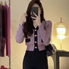 批发法式温柔小香风V领拼色长袖针织开衫毛衣<b class='q'>外套</b>女春秋潮流上衣女