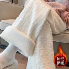 批发提花水貂绒字母针织阔腿裤女秋冬新款高腰垂感拖地窄版直筒裤