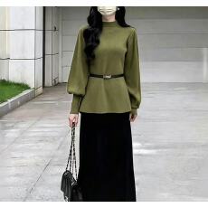 批发新款半高领灯笼袖温柔高知穿搭女针织衫复古高级感半身<b class='q'>裙</b>套装