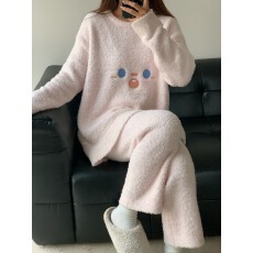 批发韩国半边绒<b class='q'>睡衣</b>女冬季新款加绒加厚珊瑚绒套装笑脸家居服<b class='q'>月子</b>服冬