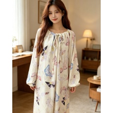 批发纯欲睡裙甜美蝴蝶印花高级感长袖睡衣女<b class='q'>春</b>夏季新款少女家居连衣裙