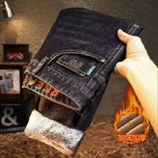 雪狐绒男士牛仔裤男加绒加厚新款修身直筒百搭潮流弹力休闲长裤子