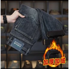 批发秋冬加绒潮流牛仔裤男款弹力修身直筒裤刺绣印花韩版裤子<b class='q'>男裤</b>长裤