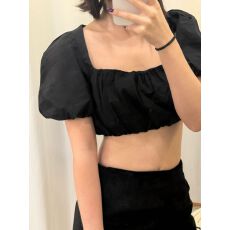 批发泡泡袖上衣女夏季法式小众短款高腰露脐方领<b class='q'>衬衫</b>潮