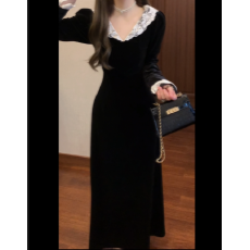 批发实拍 不拿货者任何平台可投诉有货法式<b class='q'>蕾丝</b>花边女气质丝绒长裙子