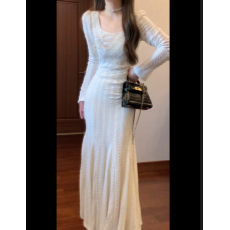 批发实拍不拿货者任何平台可投诉有货加厚杏白弹力蕾丝<b class='q'>提花</b>鱼尾<b class='q'>连衣裙</b>