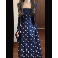 批发实拍不拿货者任何平台可投诉有货藏蓝色碎花<b class='q'>吊带</b><b class='q'>连衣裙</b>套装