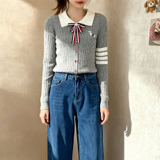 批发春秋新款学院风蝴蝶结翻领套头针织衫小狗四道杠长袖polo衫<b class='q'>毛衣</b>