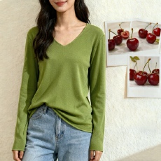 批发秋季新款韩版长袖杏色V领套头内搭打底针织衫宽松上衣