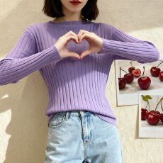 批发韩版流行气质打底针织衫女秋冬圆领套头百搭长袖坑条毛衣杏色