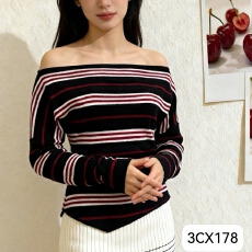 批发设计感条纹一字领长袖<b class='q'>针织衫</b>女秋冬修身显瘦<b class='q'>打底衫</b>气质露肩上衣潮