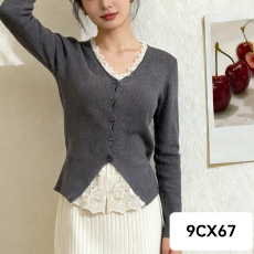 批发蕾<b class='q'>丝</b>拼接V领长袖针织衫女秋冬季修身显瘦独特毛衣开衫打底衫上衣