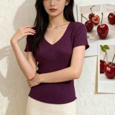 批发夏季新款V领短袖上衣女修身显瘦薄款辣妹风纯欲打底衫百搭T恤