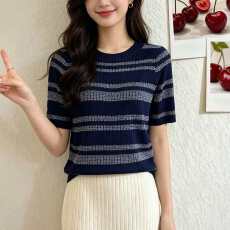 批发韩系藏青色条纹针织短袖T恤女夏季独特漂亮巨好看设计感修身上衣