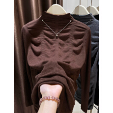 时尚褶皱半高领长袖针织衫毛衣女2025冬季新款美拉德修身显瘦上衣