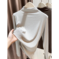 批发时尚烟灰色半高领长袖<b class='q'>打底衫</b>女2025年冬季新款气质修身显瘦薄上衣