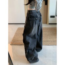 实拍！！！工装牛仔裤女街头做旧美式重工多口袋阔腿长裤