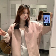 批发<b class='q'>甜美</b>风粉色翻领休闲夹克上衣女早秋小众设计感宽松美式棒球服外套