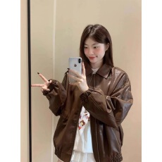 批发美拉德棕色机车PU皮衣外套女秋冬季中性风美式复古<b class='q'>街头</b>宽松夹克潮