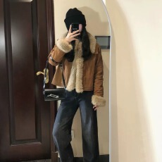 批发毛茸茸外套女冬季时尚韩版2024新款加厚环保皮草牛仔拼接毛绒上衣