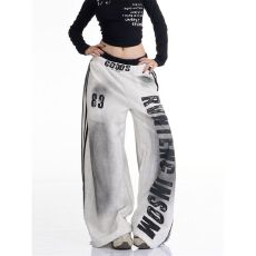 批发纯棉复合双腰头高街脏脏做旧字母双腰头卫裤男女<b class='q'>设计</b>感阔腿裤