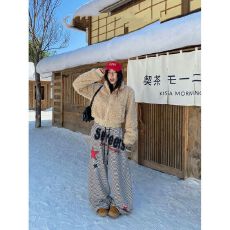 批发原版质量加绒字母印花条纹女宽松慵懒垂感加绒阔腿弯刀休闲裤