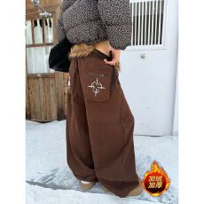 批发毛领可拆立体口袋带拉链加绒加绒男女秋冬宽松休闲裤阔腿长裤