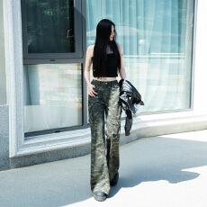 批发2025喇叭<b class='q'>裤</b><b class='q'>修身</b><b class='q'>迷彩</b>工装微牛仔<b class='q'>裤</b>女秋季新款复古辣妹高腰拖地长<b class='q'>裤</b>