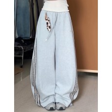 批发送配件美式复古豹纹拼接弯刀休闲<b class='q'>裤</b>女秋季新款<b class='q'>宽松</b>百搭街头卫<b class='q'>裤</b>