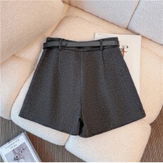 批发秋冬哆麦毛呢短裤女高腰灰色小个子阔腿靴裤a字休闲显瘦口袋热裤