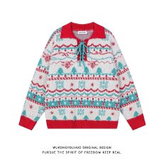 批发氛围感圣诞节拼色针织衫男女款美式红绿拼色<b class='q'>街头</b>情侣毛衣