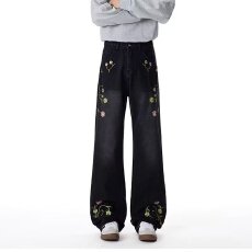 批发小众设计感贴布花瓣刺绣牛仔裤男女街头宽松做旧<b class='q'>休闲</b>微喇毛边长裤
