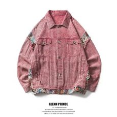 批发美式复古甜酷粉色拼接<b class='q'>牛仔</b>外套男女休闲显白古着情侣<b class='q'>夹克</b>