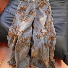 批发美式夏日浪漫黄<b class='q'>碎花</b>阔腿牛仔<b class='q'>裤</b>女2025夏季高腰显瘦慵懒宽松拖地<b class='q'>裤</b>