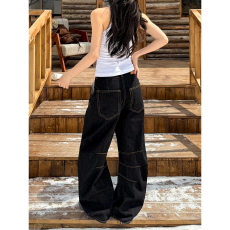 批发复古新风格阔腿明线设计<b class='q'>牛仔裤</b>男女秋新款美式辣妹<b class='q'>显瘦</b>弯刀休闲裤