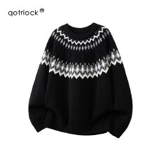 批发复古重磅费尔岛提花圆领<b class='q'>针织</b>衫男女宽松情侣休闲打底毛衣