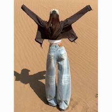 批发做旧百搭复古口袋刺绣弯刀<b class='q'>牛仔裤</b>秋季新款高腰宽松<b class='q'>显瘦</b>阔拖地长裤