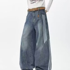 批发大码复古水洗解构弯刀牛仔裤<b class='q'>男</b>女宽松休闲三条杠条纹拼接阔腿裤潮